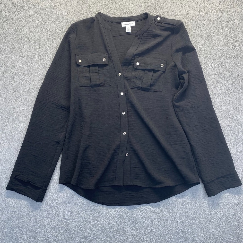Calvin Klein Women Blouse‎ Top Black Small Silver Buttons,Long Sleeve,Pockets